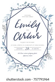 Wedding Invite, Invitation, Save The Date Card Design With Light Watercolor Blue Color Dusty Leaves, Fern Greenery Forest Herbs, Plants & Geometric Frame. Vector Tender Rustic Postcard Editable Layout