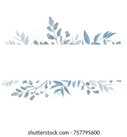 Wedding invite, invitation, save the date card design with light watercolor blue color dusty leaves, fern greenery forest herbs, plants & geometric frame. Vector tender rustic postcard editable layout
