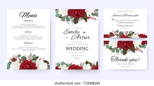 Wedding invite, invitation, save the date card with vector floral bouquet frame design: garden red, burgundy Rose flower, white peony, seeded Eucalyptus branches, amaranthus & silver green fern leaves