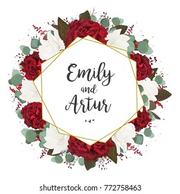 Wedding invite, invitation, save the date card design: white red burgundy rose flower, seeded eucalyptus greenery foliage, berries boho stylish bouquet and golden foil geometric frame. Vector template