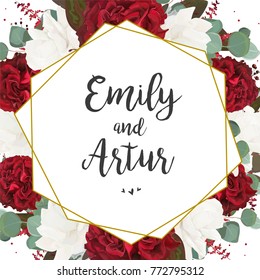 Wedding invite, invitation, save the date card design: white red burgundy rose flower seeded eucalyptus greenery foliage berries boho stylish background print and golden geometric frame. Vector layout Wedding invite, invitation, save the date card design: white red burgundy rose flower seeded eucalyptus greenery foliage berries boho stylish background print and golden geometric frame. Vector layout