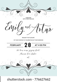 Wedding invite, invitation save the date card elegant design witn vector hand drawn lovely flourish border graphic decorative frame: delicate swirls, hearts ornatate motif vintage blue dots & splashes