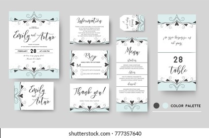 Wedding invite, invitation, save the date thank you rsvp menu card set template elegant design: vector hand drawn lovely flourish border graphic delicate swirls hearts ornatate motif vintage blue dots