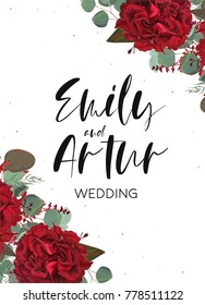 Wedding invite, invitation, save the date card with vector floral bouquet frame design: red, burgundy Rose flower,Eucalyptus branch, amaranthus & silver green fern leaves, Watercolor designer element