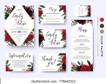 Wedding invite, invitation save the date rsvp thank you information cards set. Vector watercolor floral bouquet rhombus frame design: red burgundy Rose flower green leaves Eucalyptus branch & berries
