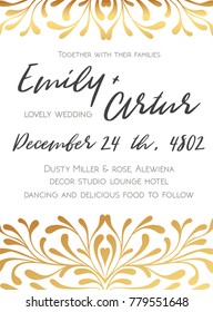 Wedding invite, invitation save the date card elegant design witn vector hand drawn lovely  golden graphic decorative flourish border frame: delicate swirls, ornatate vintage art elegant floral motif
