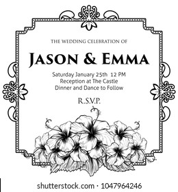 A wedding invite invitation save the day template featuring hibiscus woodcut flowers in a vintage retro engraved etching style. Can be used for different events with different text.