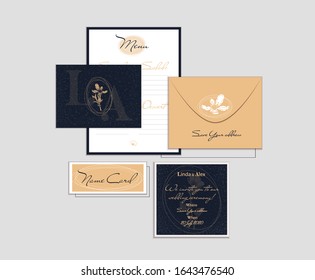 Wedding invite, invitation set. Minimalist style. Delicate herb, grass one line drawing. Presentation with a rainbow glow.