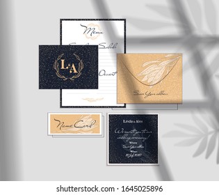 Wedding invite, invitation set. Minimalist style. Delicate flowers, one line drawing.  Presentation with shadow of leaves from the window.