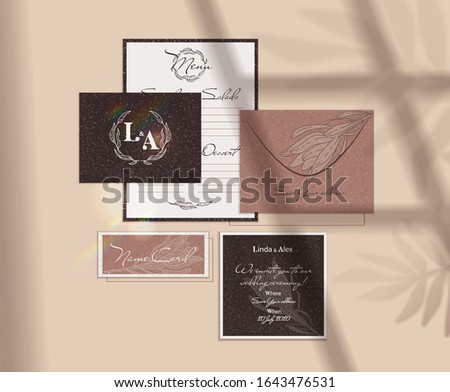 Wedding invite, invitation set. Minimalist style. Delicate flowers, one line drawing.  Presentation with shadow of leaves from the window.