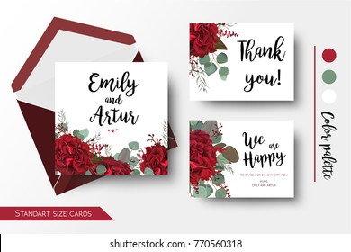 Wedding invite, invitation, thank you, greeting rsvp card set. Vector watercolor floral bouquet decorative frame design: red burgundy Rose flower, seeded Eucalyptus branch & silver blue leaves