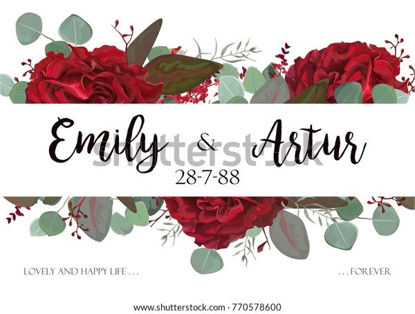 結婚式の招待 招待 ありがとうございます 出欠届けカード ベクター水彩手描きの花柄の境界モダンデザイン ユーカリの種を有する赤いバーガンディ バラの花 のベクター画像素材 ロイヤリティフリー