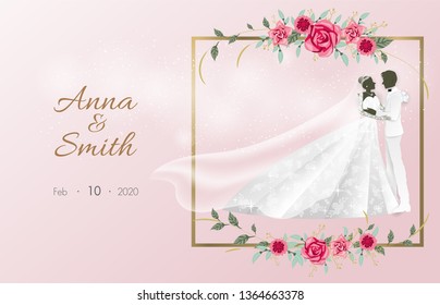 Wedding invite, invitation,beautiful perfect elegant wedding love couples on pink background.vector.