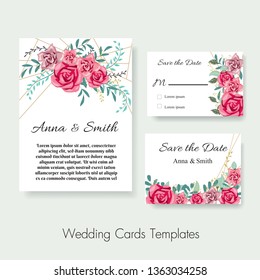 Wedding invite, invitation,save the date card design with pink rose branches leaves,golden geometrical pattern