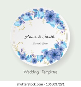 Wedding invite, invitation,save the date card design with blue flowers branches leaves,golden geometrical pattern