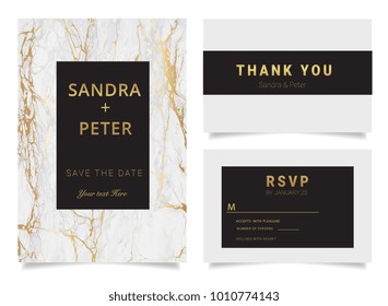 Wedding invite, invitation,Thank you card, RSVP design with gold marble background texture and geometric shape pattern