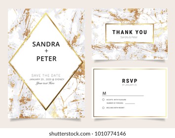 Wedding invite, invitation,Thank you card, RSVP design with gold marble background texture and geometric shape pattern
