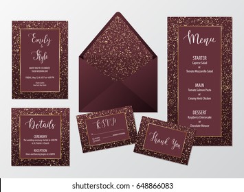 Wedding invite marsala design set with gold glitter texture including invitation, menu, envelope, RSVP, thank you and details card. 