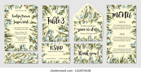 Wedding invite, menu, rsvp, thank you label save the date card envelope. Design with white and blue wax flowers, green leaves. Vector cute rustic delicate chic layout.
