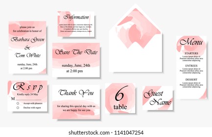  Wedding invite, menu, rsvp, thank you information save the date card. Elegant rose design. 