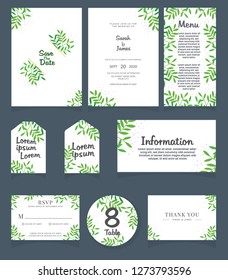 Wedding invite, menu, rsvp, thank you label save the date card Design with forest green leaves. wedding invitation card template Vector illustration.