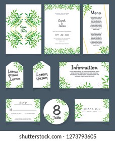 Wedding invite, menu, rsvp, thank you label save the date card Design with forest green leaves. wedding invitation card template Vector illustration.