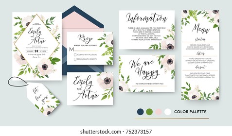 Wedding invite, menu, rsvp, thank you label save the date card Design with white, pink anemone flowers, green leaves greenery foliage bouquet & golden frame. Vector cute rustic delicate chic layout. 
