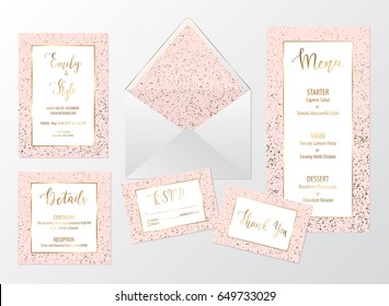 Wedding Invite Pink Design Set With Gold Glitter Texture Including Invitation, Menu, Envelope, RSVP, Thank You And Details Card. 