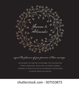 Wedding invite sample with floral sparkling wreath. Announcement card with illusion of gentle sheen on the black background. Simple design of invitation card