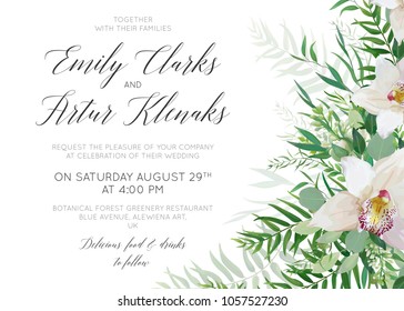 Wedding invite save the date card delicate design with white orchid flowers, greenery eucalyptus branches, tropical forest palm green leaves decoration. Delicate vector art greeting, postcard template