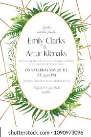 Wedding invite, save the date card design with natural forest greenery leaves, ferns, tropical palm leaves, berries & golden foil stripes, oval frame decoration. Elegant, woodsy style vector template
