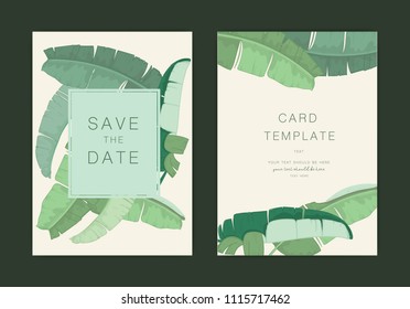 Wedding invite, save the date card design with elegant banana garden,  branches leaves, tropical feel Vector template invitation set