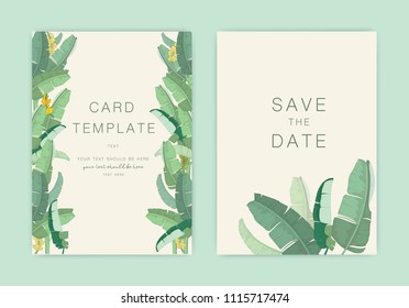 Wedding invite, save the date card design with elegant banana garden,  branches leaves, tropical feel Vector template invitation set