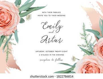 Wedding invite save the date card  design. Blush peach garden rose flowers, green asparagus fern eucalyptus leaves, floral frame & cinnamon rose gold brush stroke. Elegant, stylish vector illustration