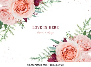Wedding invite, save the date, greeting card design. Blush peach roses, burgundy orchid flowers, green fern, eucalyptus leaves floral frame, border. Elegant poster, banner vector illustration template