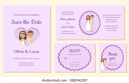 Wedding invite, save the date, rsvp, thank you cards. Invitation templates. Vector. Card with bride and groom. Holiday marriage background. Celebration poster.