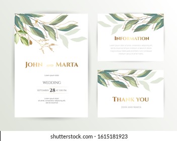 Wedding invite. Set of card with leaves and geometrical frame. Design with forest green leaves, eucalyptus, fern & golden geometric frame. Floral Trendy templates for banner, flyer, poster, greeting. 