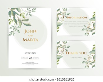 Wedding invite. Set of card with leaves and geometrical frame. Design with forest green leaves, eucalyptus, fern & golden geometric frame. Floral Trendy templates for banner, flyer, poster, greeting. 