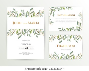 Wedding invite. Set of card with leaves and geometrical frame. Design with forest green leaves, eucalyptus, fern & golden geometric frame. Floral Trendy templates for banner, flyer, poster, greeting. 