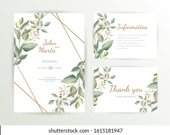 Wedding Invite. Set Of Card With Leaves And Geometrical Frame. Design With Forest Green Leaves, Eucalyptus, Fern & Golden Geometric Frame. Floral Trendy Templates For Banner, Flyer, Poster, Greeting. 