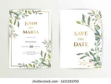 Wedding invite. Set of card with leaves and geometrical frame. Design with forest green leaves, eucalyptus, fern & golden geometric frame. Floral Trendy templates for banner, flyer, poster, greeting. 