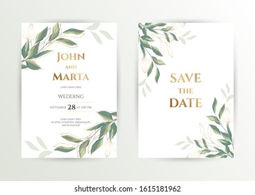 Wedding invite. Set of card with leaves and geometrical frame. Design with forest green leaves, eucalyptus, fern & golden geometric frame. Floral Trendy templates for banner, flyer, poster, greeting. 