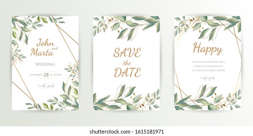 Wedding invite. Set of card with leaves and geometrical frame. Design with forest green leaves, eucalyptus, fern & golden geometric frame. Floral Trendy templates for banner, flyer, poster, greeting. 