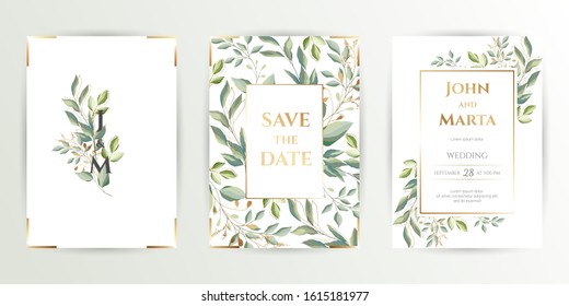 Wedding invite. Set of card with leaves and geometrical frame. Design with forest green leaves, eucalyptus, fern & golden geometric frame. Floral Trendy templates for banner, flyer, poster, greeting. 