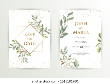 Wedding invite. Set of card with leaves and geometrical frame. Design with forest green leaves, eucalyptus, fern & golden geometric frame. Floral Trendy templates for banner, flyer, poster, greeting. 