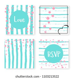 Wedding invite set with glitter confetti and stripes. Pink hearts and dots on mint and white background. Template with wedding invite set for party, event, bridal shower, save the date card.