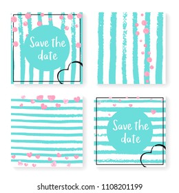 Wedding invite set with glitter confetti and stripes. Pink hearts and dots on mint and white background. Design with wedding invite set for party, event, bridal shower, save the date card.