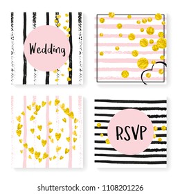 Wedding invite set with glitter confetti and stripes. Gold hearts and dots on black and pink background. Template with wedding invite set for party, event, bridal shower, save the date card.