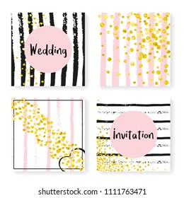 Wedding invite set with glitter confetti and stripes. Gold hearts and dots on black and pink background. Design with wedding invite set for party, event, bridal shower, save the date card.