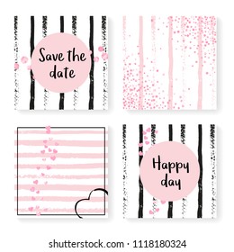 Wedding invite set with glitter confetti and stripes. Pink hearts and dots on black and pink background. Design with wedding invite set for party, event, bridal shower, save the date card.